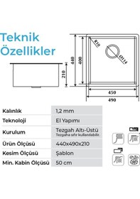 Resim Crauf Stella 4449 Pvd Füme Siyah 40x45 El Yapımı Paslanmaz Çelik Mutfak Eviyesi Füme 