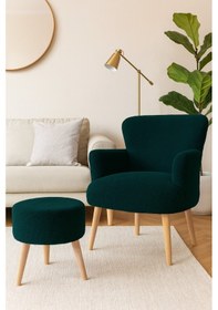 Resim Roma Berjer + Puf Set - Welsoft Yumuşak Kumaş - Ahşap Ayak - Yeşil Yeşil 