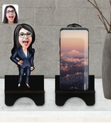 Resim Bk Gift Kişiye Özel Kadın Patron Karikatürlü Ahşap Biblo Telefon Standı-4 