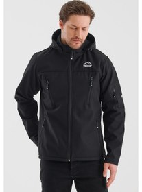Resim Çıkartılabilen Fermuarlı Kapüşon Cepli İçi Polarlı Su Geçirmez Softshell Erkek Mont Siyah Siyah 