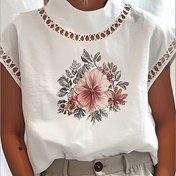 Resim Kadınların Zarif Çiçek Desenli Batwing Kollu T-Shirt - Hafif, Esnek Olmayan Bluz, Stand-Up Yaka, Pastel Çiçek Desenli, Yumuşak Pembe/Beyaz/Siyah/ - Ofis, Parti, Günlük Yaz Üstleri - Kadın Moda Üstleri, Parti Kıyafeti, Nefes Alabilen Kumaş, Ofis Giyimi, Zarif Dantel, Şık Üst, Kadın 