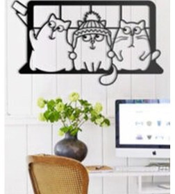 Resim Siyah Ahşap 3lü Selfie Kedi Duvar Dekoru - Salon Oturma Yatak Odası için Lazer Kesim 60x36cm Tablo 