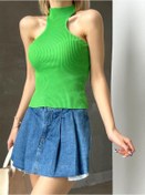 Resim WEAR AND WEAR Kadın Yeşil Balıkçı Yaka Boyundan Askılı Kolsuz Fitilli Örme Triko Bluz 