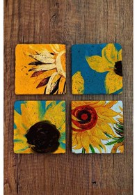Resim Doğal Taş Bardak Altlığı Ay Çiçeği Baskılı 4'lü Set Çok Renkli 
