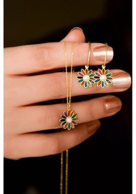 Resim Papatya Silver 925 Ayar Gümüş Gold Kaplama Özel Tasarım Opal Taşlı Renklii Papatya Kolye Ve Küpe Set 