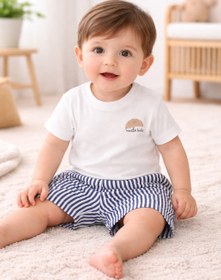Resim Kruvasan Tişört ve Çizgili Şort Bebek Takımı - Denim Blue / 9-12 Ay 
