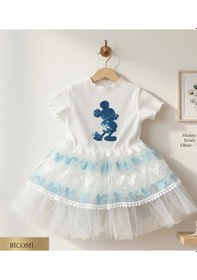 Resim Biçomi Kız Bebek Mickey Baskılı Brode Etekli Pamuklu Konfor Elbise - Turkuaz 