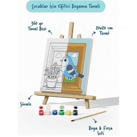 Resim Pencere Ve Kuş Temalı Çocuk Boyama Tuvali Şövaleli Eğitici Boyama Seti 20x20 Cm 