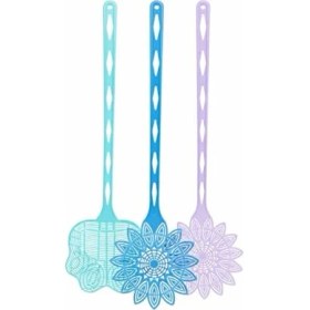 Resim Plastik Sinek Raketi 3'lü Set, Mor, Mavi ve Turkuaz, Çiçek Desenli, Ergonomik Uzun Saplı, 45 cm 