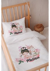 Resim %100 Pamuk Saten Isme Özel Isimli 100x150 Bebek Yatak Nevresim Seti Prenses Unicorn Ve Kuğu 