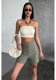 Resim Zarif Ve Şıklığı Bir Arada Sunan Yüksek Bel Krep Esnek Çimalı Çizgili Şort Haki 