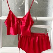 Resim Kadınların Seksi Düz Saten Pijama Takımı, Önü Düğümlü V Yaka Sırtı Açık Crop Cami Üst & Şort, Rahat Rahat Kesim 