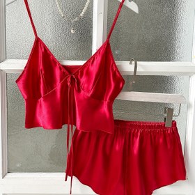 Resim Kadınların Seksi Düz Saten Pijama Takımı, Önü Düğümlü V Yaka Sırtı Açık Crop Cami Üst & Şort, Rahat Rahat Kesim 