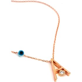 Resim Ose Shop Nazar boncuklu ve zirkon taş detaylı gümüş rose A harfi kolye 