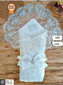Resim Yenidoğan Bebek Kundağı Unisex Bebek Dış Kundak Battaniyesi Hastane Çıkışı Kundak Battaniye Ekru 