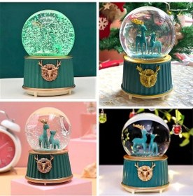 Resim Pilli Işıklı Müzikli Kar Küresi-iki Geyikli Yeşil Figürlü Biblo, Led Aydınlatmalı Kar Küresi 