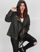 Resim By Marki Marki Kadın Haki Hakiki Deri Mont, Haki Kapüşonlu, Fermuarlı, Baharlık Mont, 65 Cm 