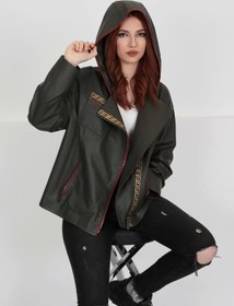 Resim By Marki Marki Kadın Haki Hakiki Deri Mont, Haki Kapüşonlu, Fermuarlı, Baharlık Mont, 65 Cm 