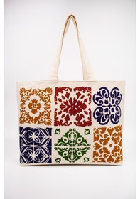 Resim Fabric Craft Bag Kanvas Plaj Çantası Büyük Boy Astarlı Desenli Omuz Çantası Küçük Çantalı 50x35 Krem 