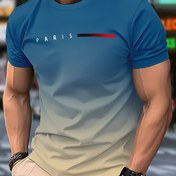 Resim Erkek Casual Crew Boyunlu Tişört, Polyester, Fransız İlhamlı "PARİS" Baskısı ile Kırmızı, Beyaz ve Mavi Gradyan Tasarım, Hafif Esnek Kumaş, Normal Beden, Kısa Kollu - Casual Giyim için Novelty Moda Tişört 