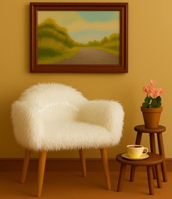 Resim BEYLERBEYİ Makyaj masası pufu, kar beyazı uzun tüylü peluş kumaş,dekoratif puf , sırtlı puf, mini koltuk,berjer 