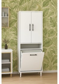 Resim Kirli Sepetli 2 Kapaklı 3 Raflı Çok Amaçlı Ahşap Banyo Dolabı, Banyo Düzenleyici Çamaşır Sepeti Beyaz 