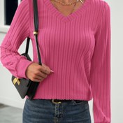 Resim Kadınlar için V Yaka Uzun Kollu Kazak - Yumuşak Orta Esneklikte Günlük Süveter, Düz Siyah, Makinede Yıkanabilir, Sonbahar/Kış İçin Düzenli Kalıp, Sonbahar Gardırop Temeli Parça, Dokulu Kumaş Tasarım, Rahat Süveter 