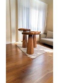 Resim Ahşap Mantar Yan Sehpa 3'lü Set Açık Ceviz Renk Açık Ceviz 