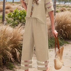 Resim İlkbahar/Yaz Moda Tasarımı Şık Kadın Bohem Mesh Patchwork Günlük Kıyafet, Üst + Pantolon İki Parça Takım 