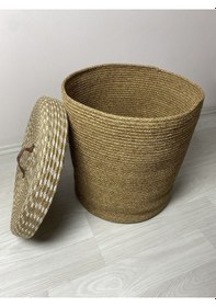 Resim Mavaux Büyük Boy Kapaklı Jüt Hasır Çamaşır Sepeti Kırçınlı 
