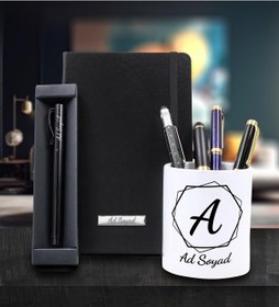 Resim Kişiye Özel Tasarım Porselen Kalemlik & Siyah Defter & Roller Kalem Ofis İş Hediye Seti 