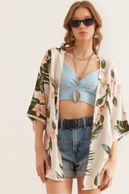 Resim Olalook Kadın Ekru Büyük Pudra Çiçekli Güpür Detaylı Viskon Kimono CKT-19000053 