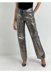 Resim Miss Poem Kadın Leopar Varak Baskılı Wide Leg Jean - Orta Mavi Mavi 