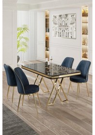 Resim Canisa Vals Serisi 80x130 Lak Panel Siyah Mermer Desen Masa Takımı Gold Ayaklı 4 Antrasit Sandalye Masa Siyah Mermer Desen Sandalye Antrasit 