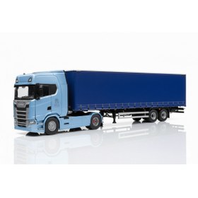 Resim SCOWETTO 1/32 Ölçek Scania R Serisi Mavi Branda Dorseli Diecast Metal Tır Model Oyuncak 