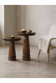 Resim ASELYA HOME Doğal Ahşap 2’li Set Mantar Yan Sehpa Modern Fiskos Zigon Çiçeklik 