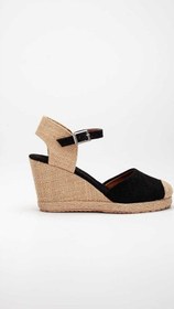 Resim Star Tombis Gerçek Elişi Keten Hasır Espadril Siyah Burnu Hasırlı Arkası Açık Dolgu Topuk Handmade 