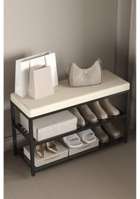 Resim Aju Ayakkabılık Puflu Süngerli Oturaklı Metal Ayakkabı Rafı Modern Vestiyer Baklavalı Metal Tasarım Benc Krem 