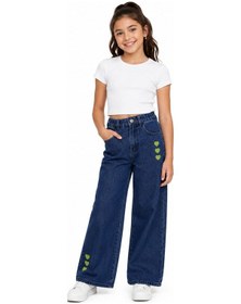 Resim İrem Kız Çocuk Beli Lastikli Geniş Paça Model Kalp Nakışlı Lacivert Renk Kot Pantolon 
