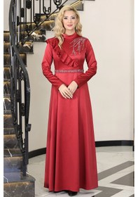 Resim Raika Moda Omuz Taş Baskı Şık Saten Ada Büyük Beden Tesettür Abiye Bordo 