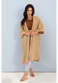 Resim Wpr Kimono Arkası Baskılı Püsküllü Keten - Vizon-vizon Vizon 