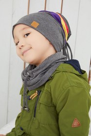 Resim Babygiz Gri Üzerine Renkli Şeritli Çocuk Bebek Bere Boyunluk Set Yumuşak Çift Katlı %100 Doğal Pamuklu Penye 