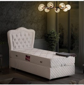 Resim Setaymobilya Baza, Camelli Beyaz Tek Kişilik Baza + Başlık + Ortopedik Yatak 