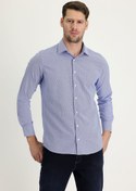 Resim Koyu Mavi Uzun Kol Slim Fit Dar Kesim Klasik Desenli Pamuklu Kolay Ütülenebilir Gömlek Kigili