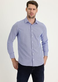 Resim Koyu Mavi Uzun Kol Slim Fit Dar Kesim Klasik Desenli Pamuklu Kolay Ütülenebilir Gömlek 