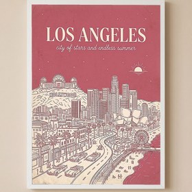 Resim Los Angeles Line Art Print - Pink Hollywood Sign Downtown Skyline Wall Art - Wooden Frame - White / 24 x 36" (60x90 cm) 