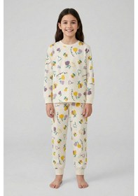 Resim Magnifi Ove Yazılı Lale Baskılı Kız Çocuk Pijama Takımı Ekru 