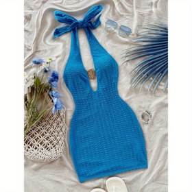 Resim Kadınlar için Boyun Askılı Bodycon Elbise - Canlı Mavi, Ön Yay Detayı & Çift Katmanlı Etek, Parti ve Günlük Kullanım İçin Esnek Kumaş - Makinede Yıkanabilir İlkbahar/Yaz/Sonbahar Kıyafetleri 