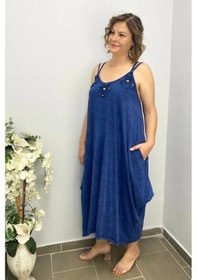 Resim Mia Butik Büyük Beden Lacivert Pamuklu Şalvar Kesim Çiçekli Elbise Lacivert 