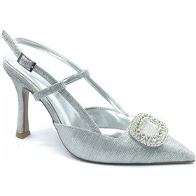Resim Feles Taş Toka Detaylı Arkası Açık Stiletto Kadın Topuklu Ayakkabı GÜMÜŞ 